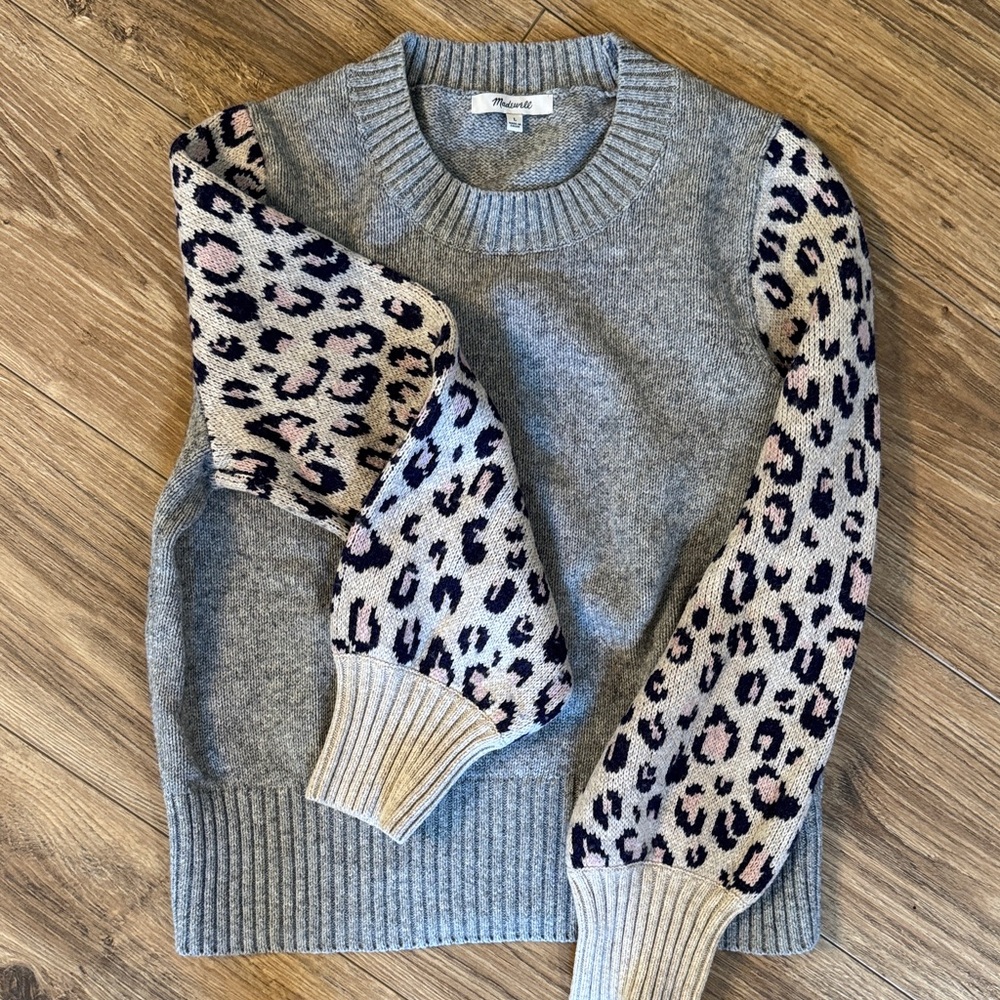 Madewell Gray Sweater with Leopard Print Sleeves